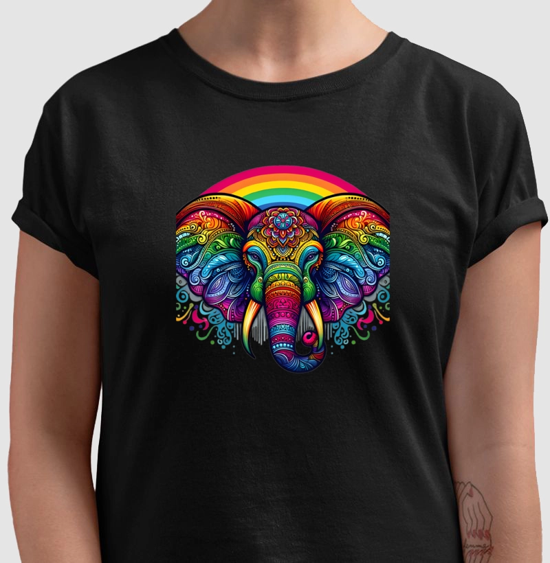 Elefante multicolorido com arco-íris