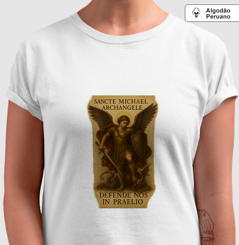 Camiseta Algodão Peruano Sancte Michael Achangele Defende Nos In Praelio