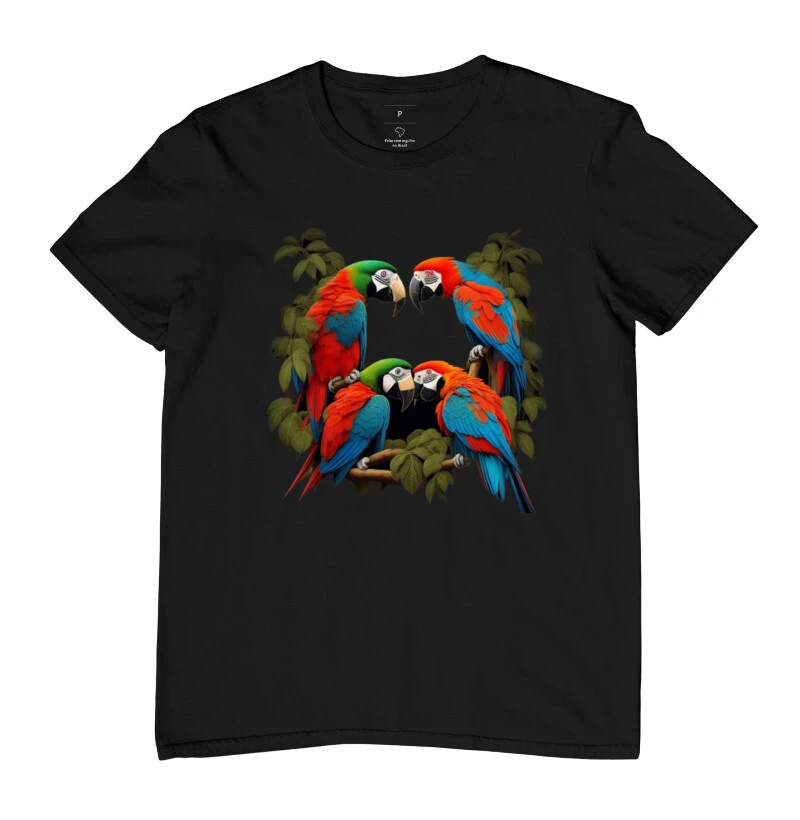 Camisa estampa família de araras vermelhas