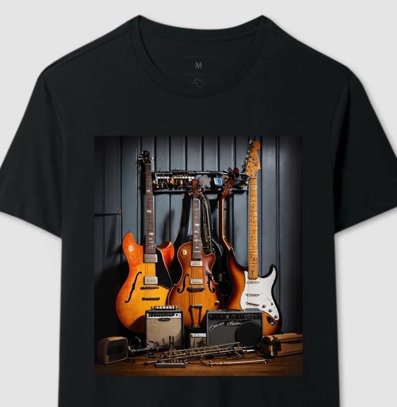 Um canto com guitarras e baixos 