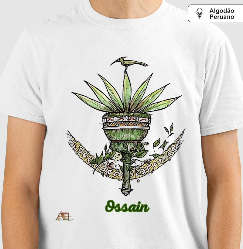 Camiseta Aruanda ê Brasão de Ossain Poder das Ervas em 100% Algodão Peruano