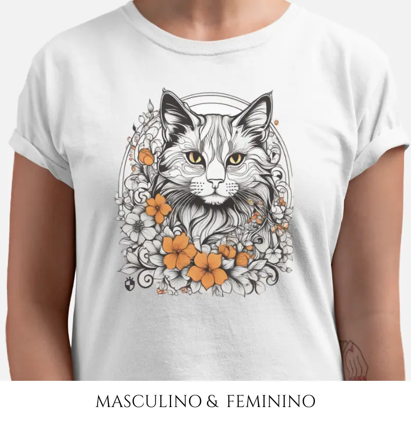 Camiseta Gato e Flores