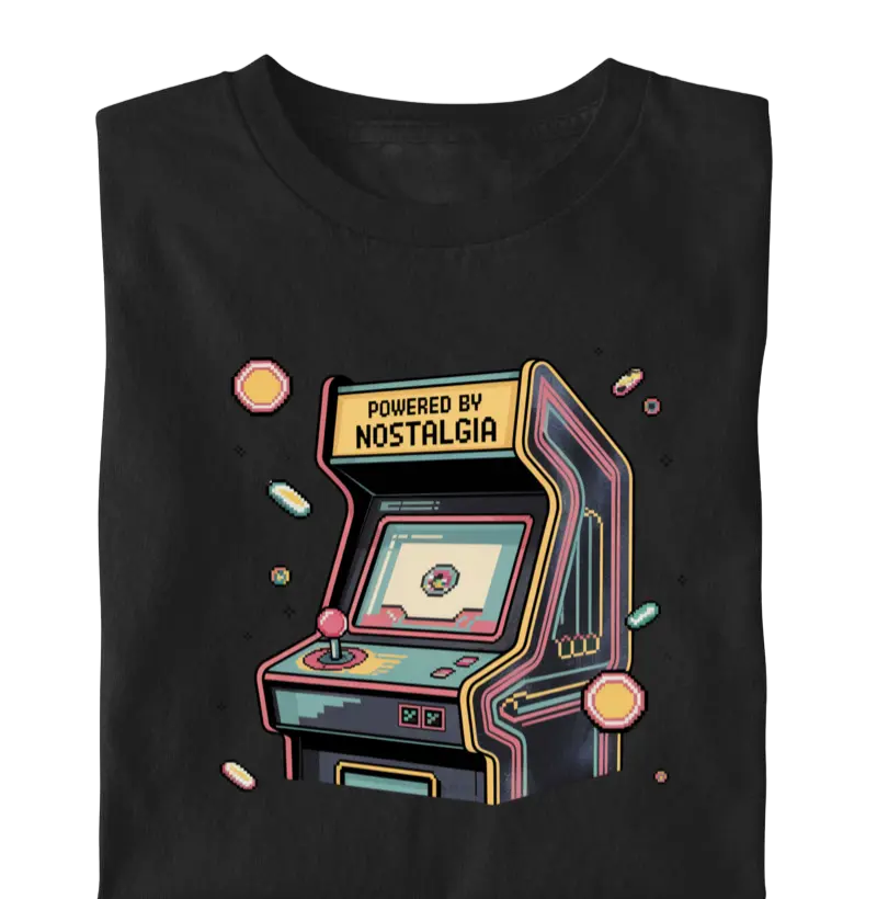 "Powered by Nostalgia" com fliperama pixelado e arte retrô colorida