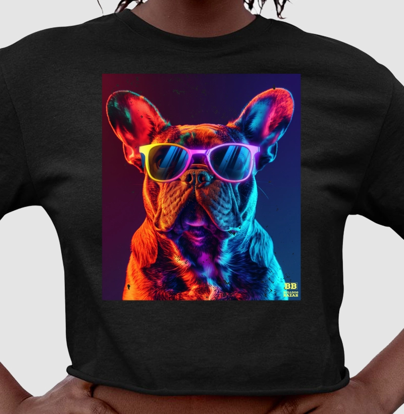Camiseta Cropped Bulldog Frances "Oculos Neon 2"