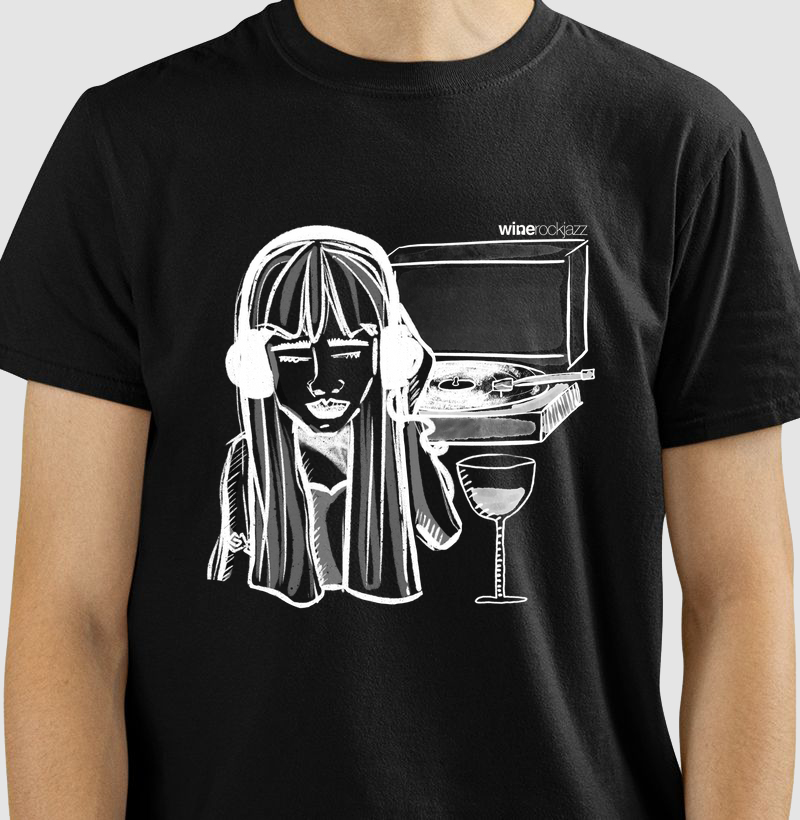 T shirt wine rock jazz dj fundo preto