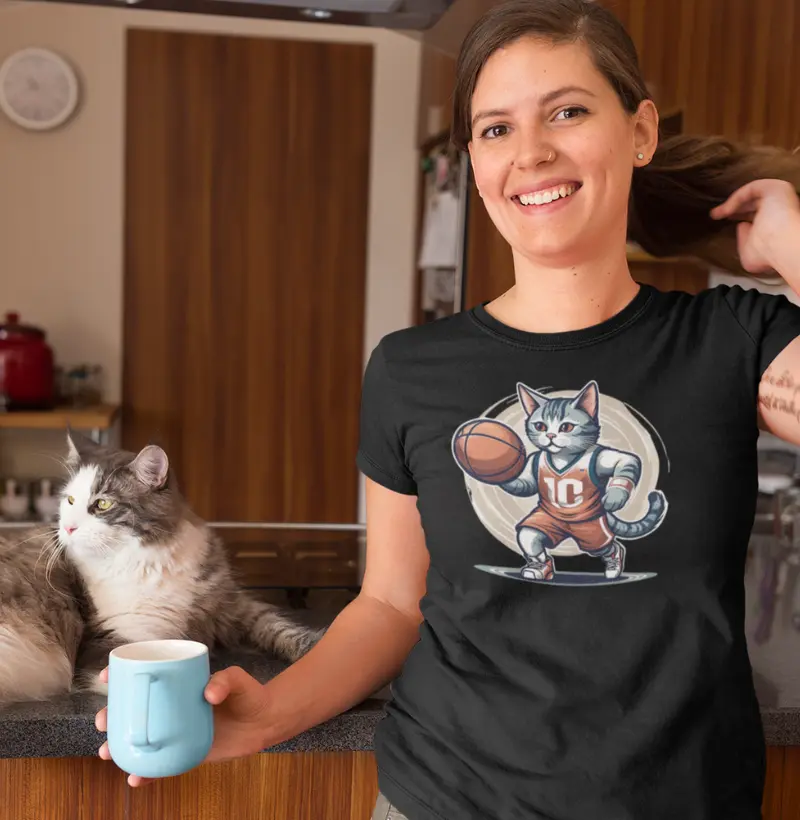 Gato Basqueteiro | Camiseta de Malha Pet Atleta | Estampa Basquete | Design Exclusivo