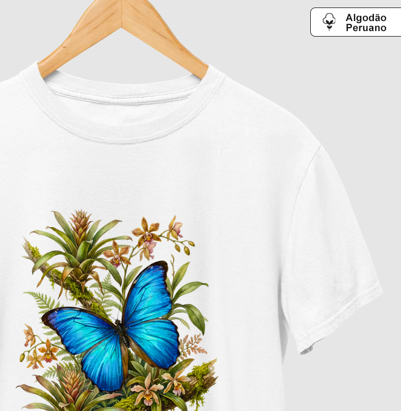 Camiseta Premium Borboleta Morfo-Azul | Coleção Aquarela Nativa