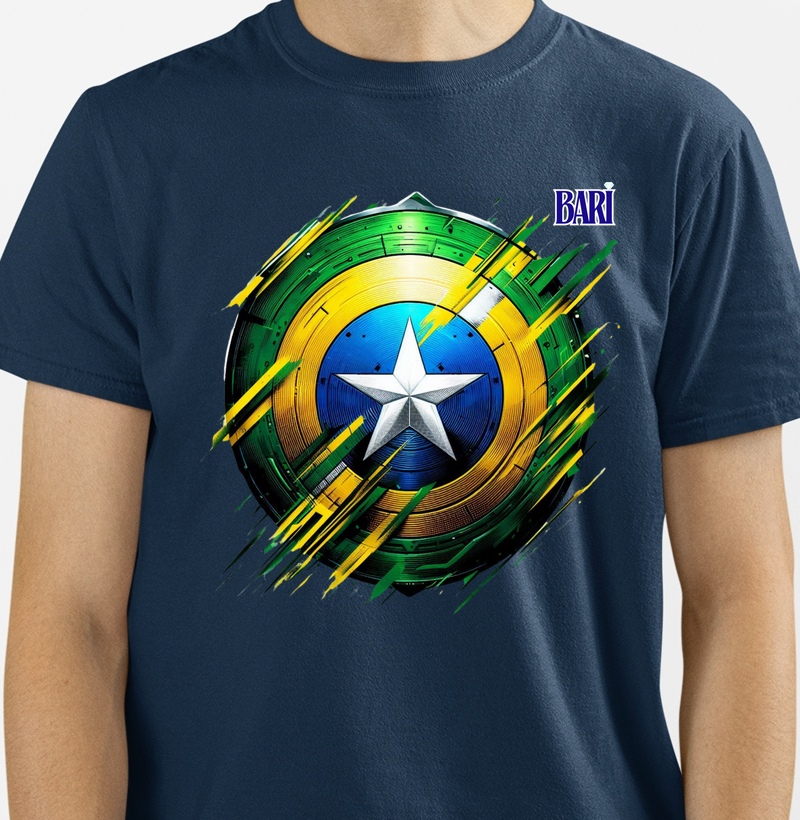 Camiseta com Estampa de Escudo Estilo Capitão nas Cores do Brasil