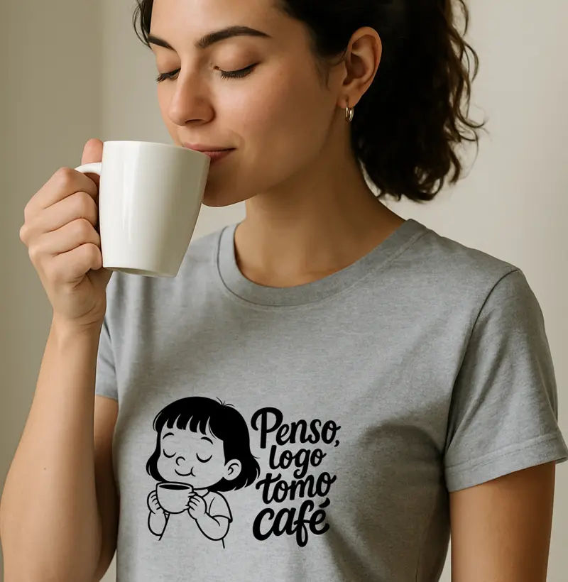Camiseta "Penso, logo tomo café"