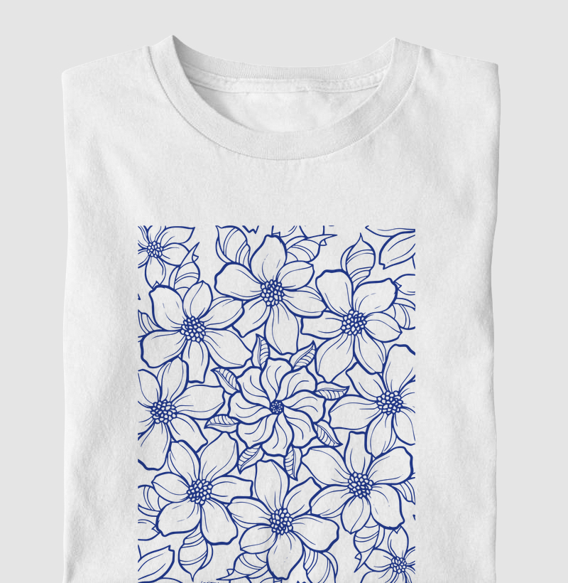 Estampa inteira de flores em linhas azul