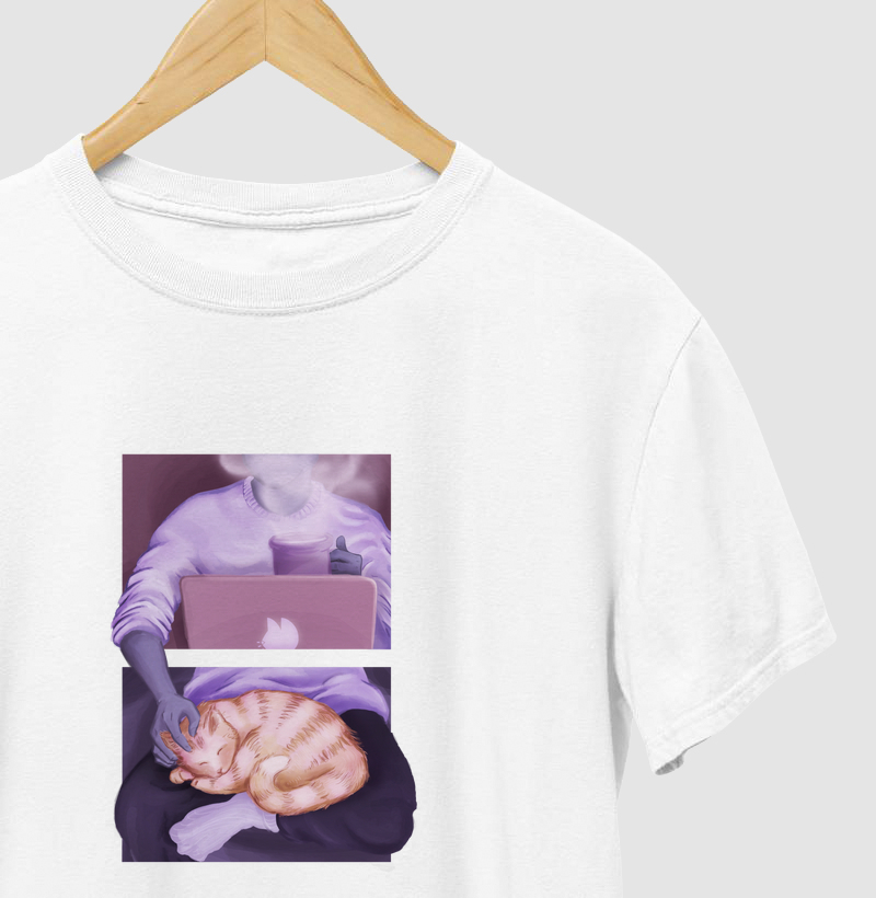 Camiseta - Cotidiano - Home Office com Gato e Café