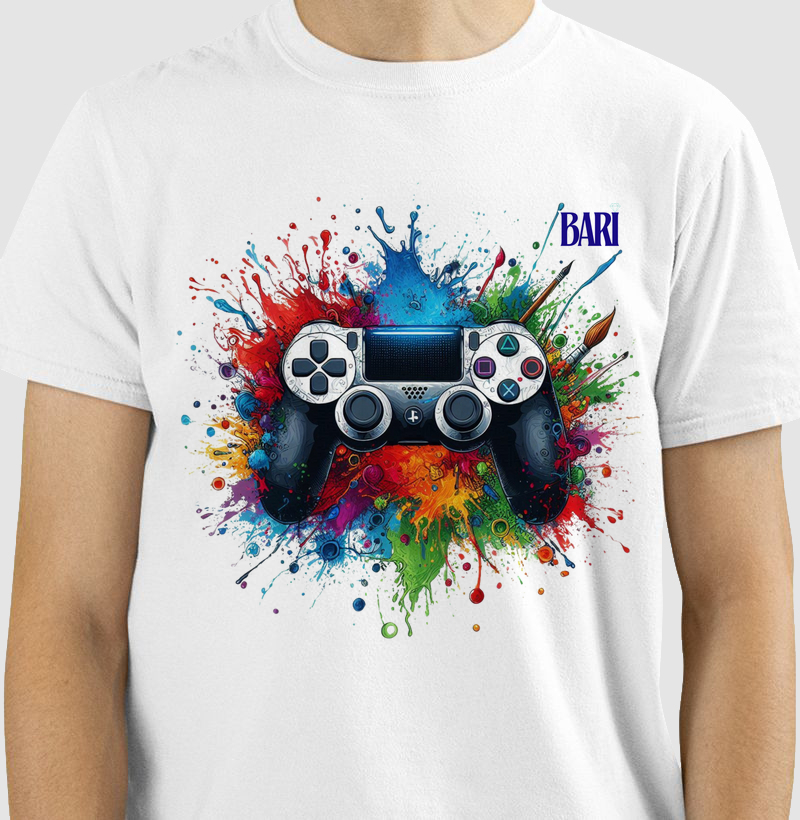Camiseta com Estampa de Controle de Videogame e Cores Vibrantes