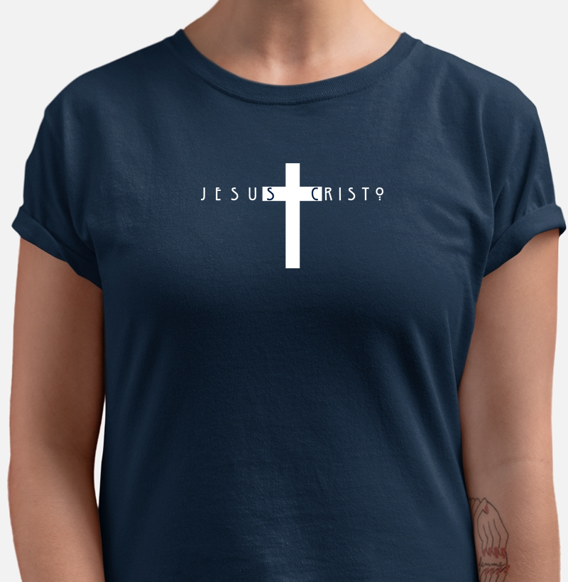 Camiseta Jesus Cristo Cruz Azul Marinho Feminina