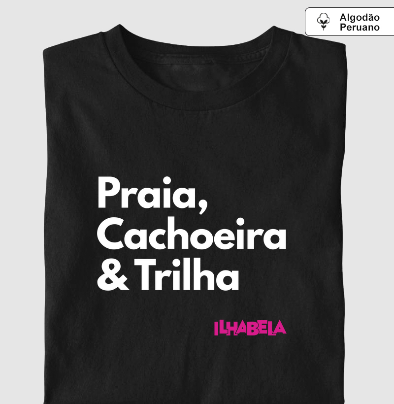 Camiseta Praia, Cachoeira & Trilha Ilhabela Algodão Peruano