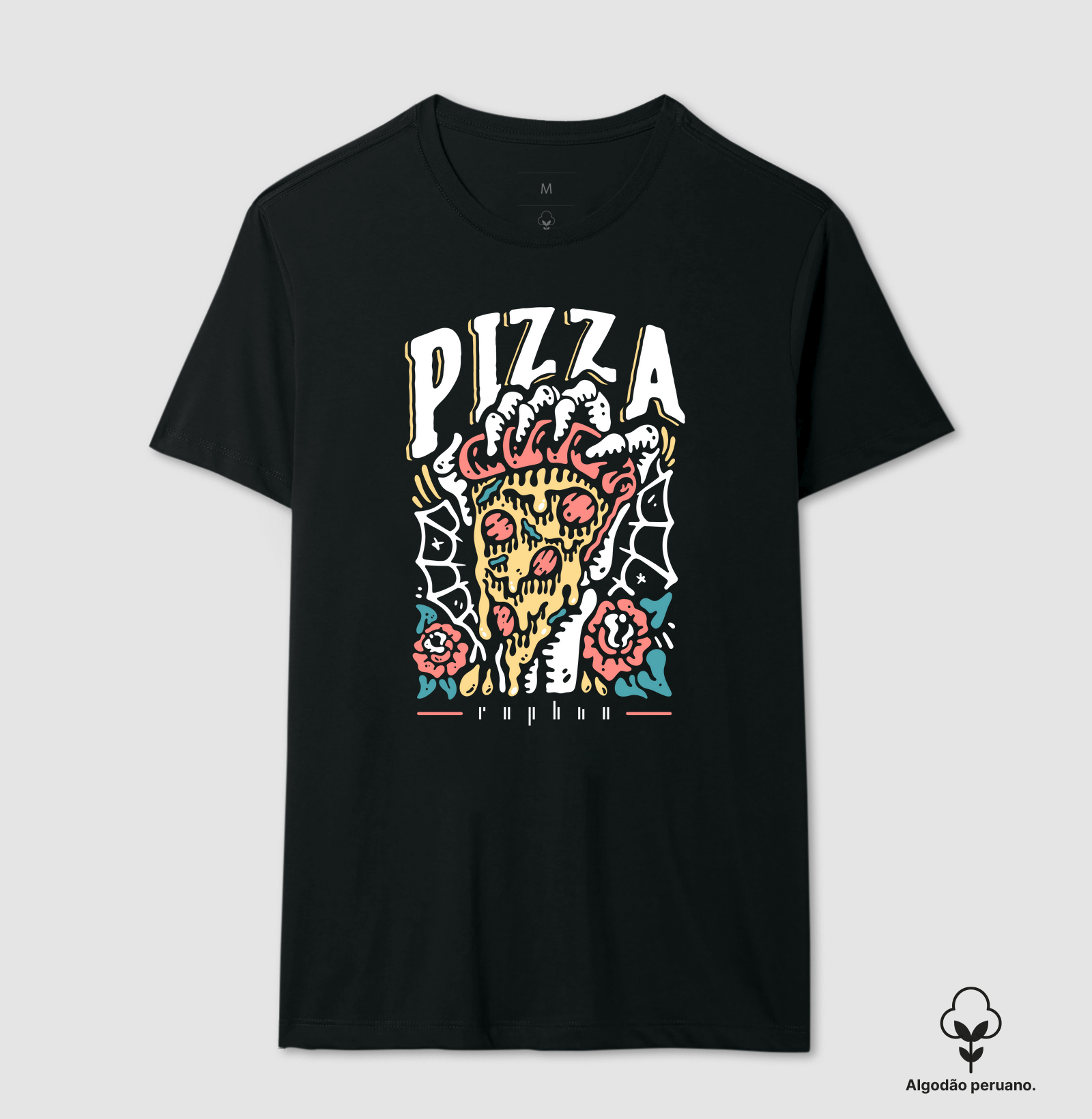 Caveira segurando fatia de pizza e rosas