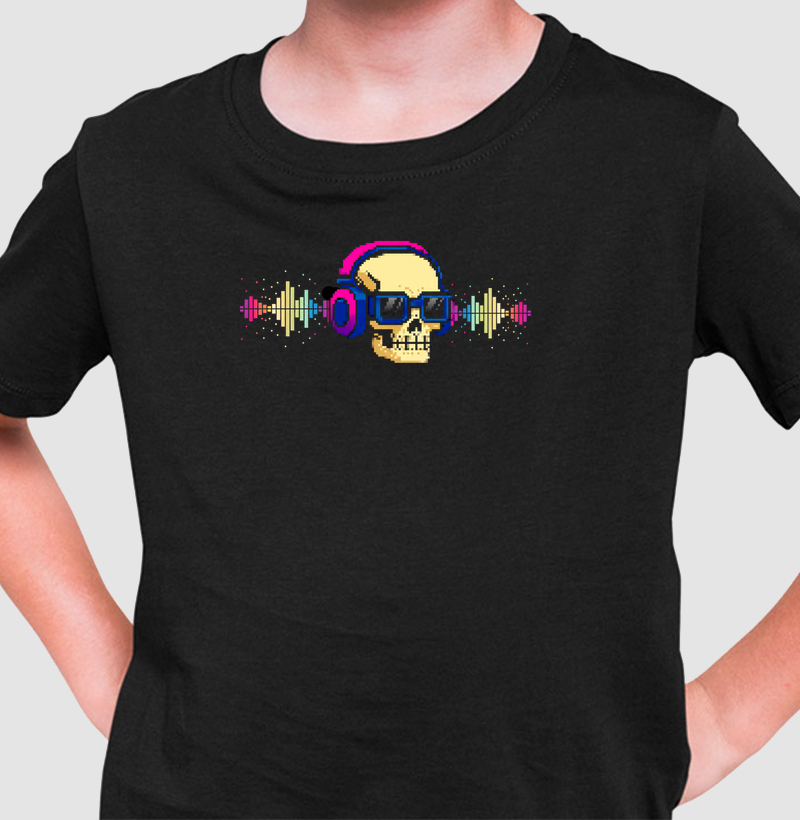 Camiseta Infantil Caveira Da Música Reset8Bit