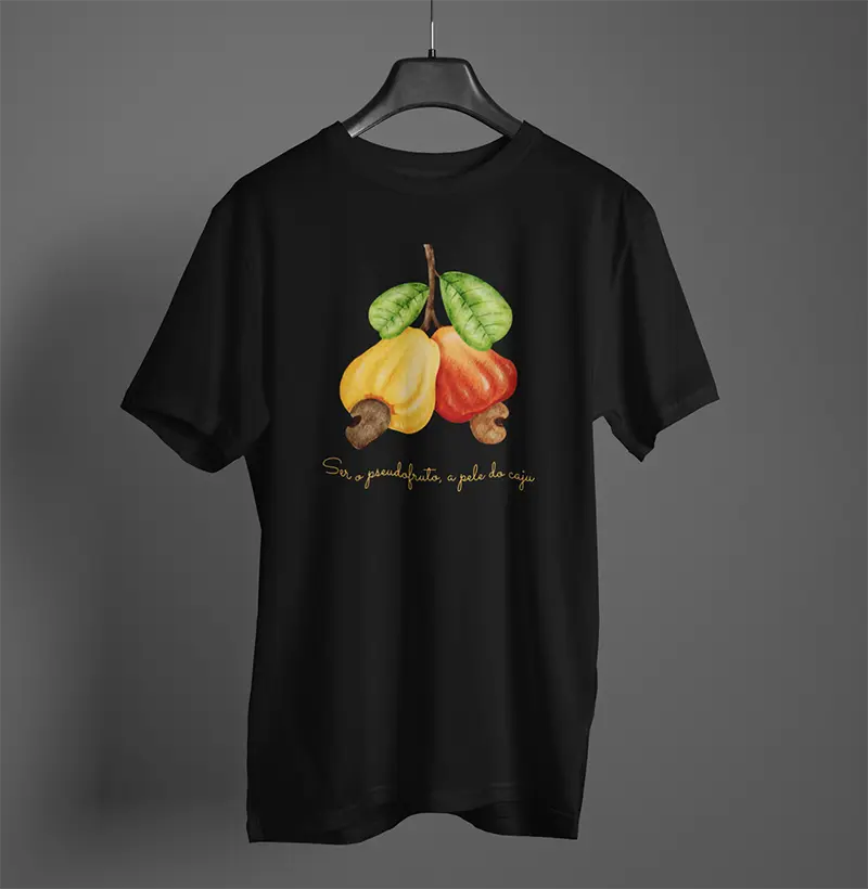 Realce Lovers - ser-o-pseudofruto-a-pele-do-caju-camiseta-preta-arte-colorida-texto-preto