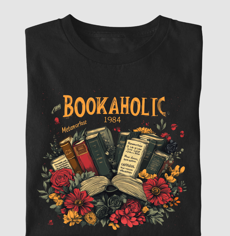 BOOKAHOLIC 1984 – CAMISETA FLORAL LITERÁRIA