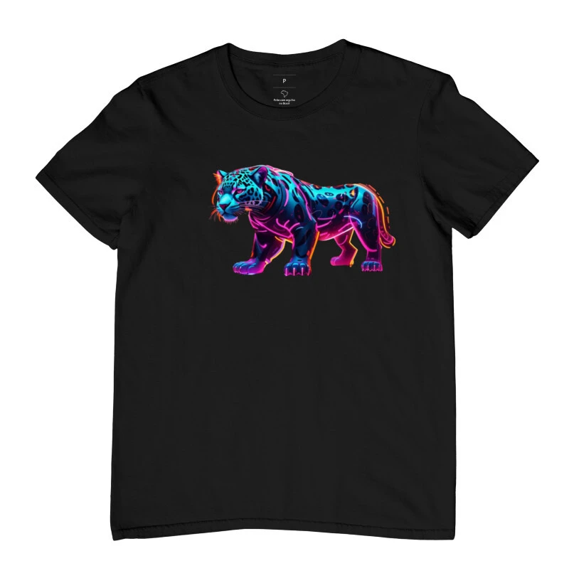 Camiseta onça pintada neon azul e rosa lateral