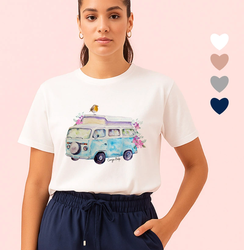 Camiseta Feminina Ilustrada Kombi Lateral Azul