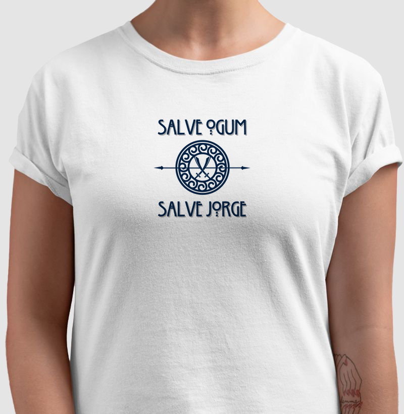 Camiseta Salve Ogum Salve Jorge Sombreada Branca Feminina