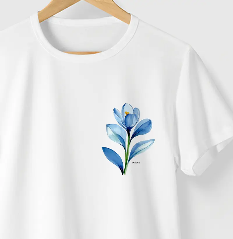 Camiseta TULIPA AZUL - BRANCA - (100% Algodão)