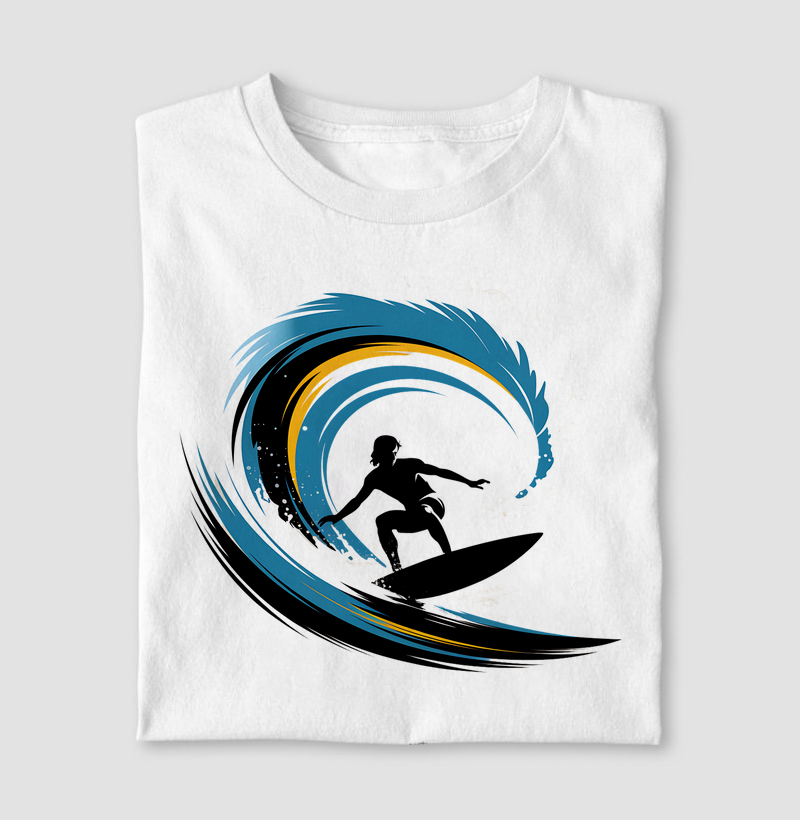 Estampa de Esportes Radicais | Design com Silhueta de Surfista em Ondas Abstratas | Camiseta Premium para Aventura