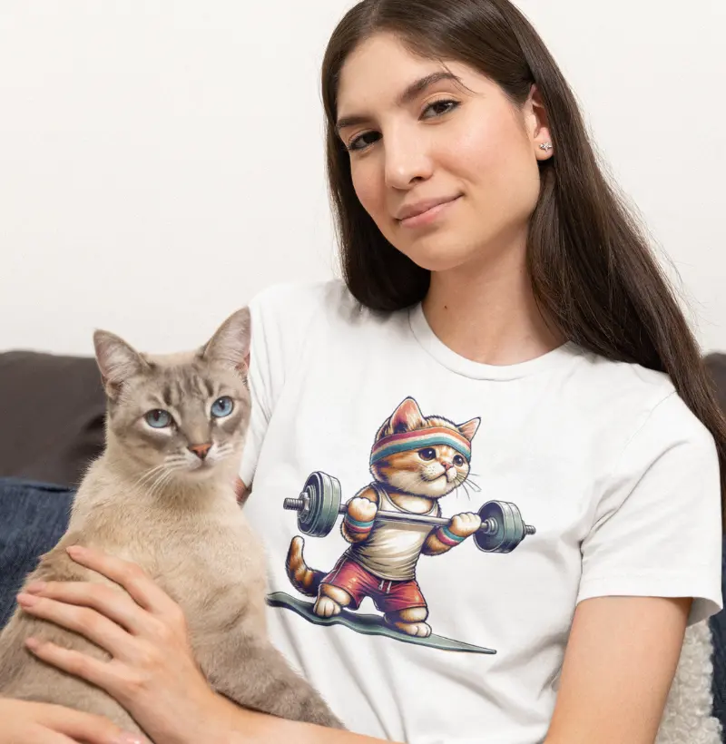 Pet Fitness | Camiseta de Malha Pet Atleta | Gato Fitness Levantando Peso | Qualidade Reserva