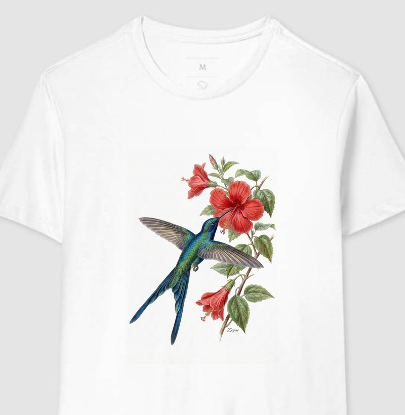 Camiseta Camiseta Beija-Flor e Hibisco | Coleção Aquarela Nativa