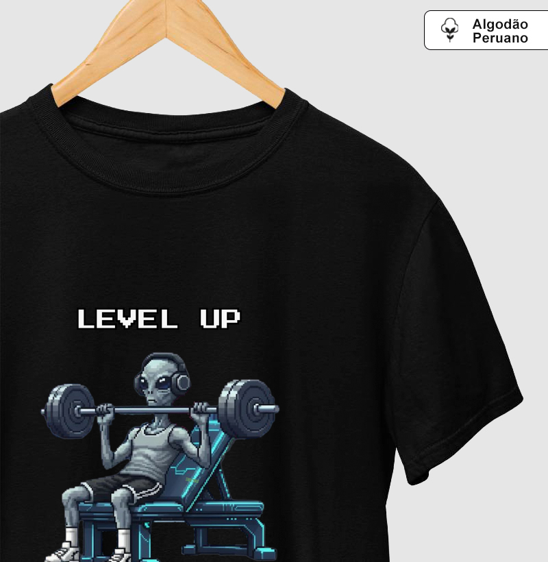 Camiseta Algodão Peruano Gym Level Up Reset8Bit