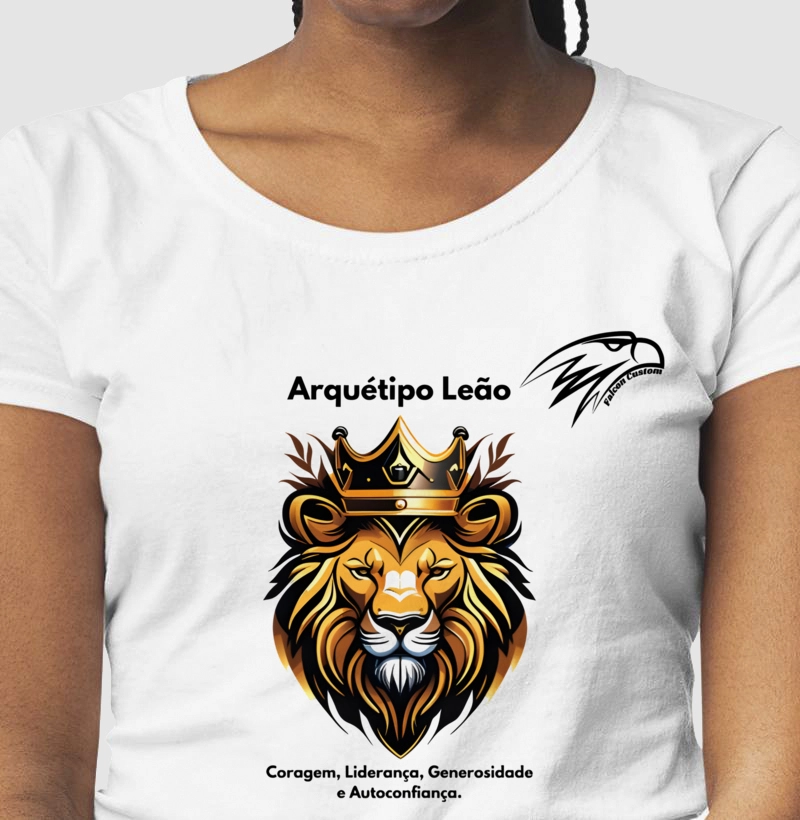 Camiseta Feminina Arquétipo do Leão com Logo Falcon Custom Plus Cor Preta