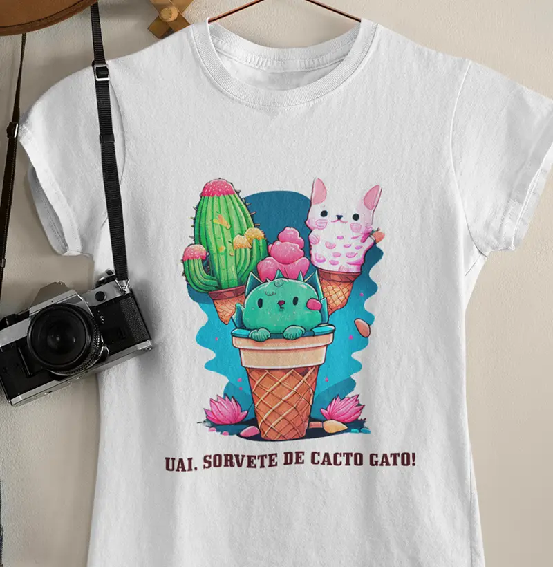 Uai! Exótico! Camisetas de Sorvete de Cacto Gato - Vista a Delícia!