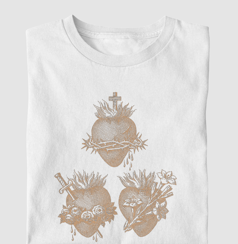 Camiseta Sagrado Coração de Jesus, Virgem Maria e São José