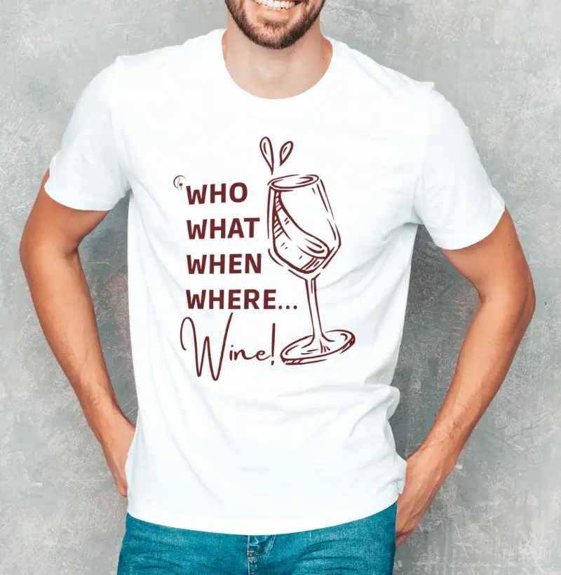 Camiseta Masculina Who What When Where Wine