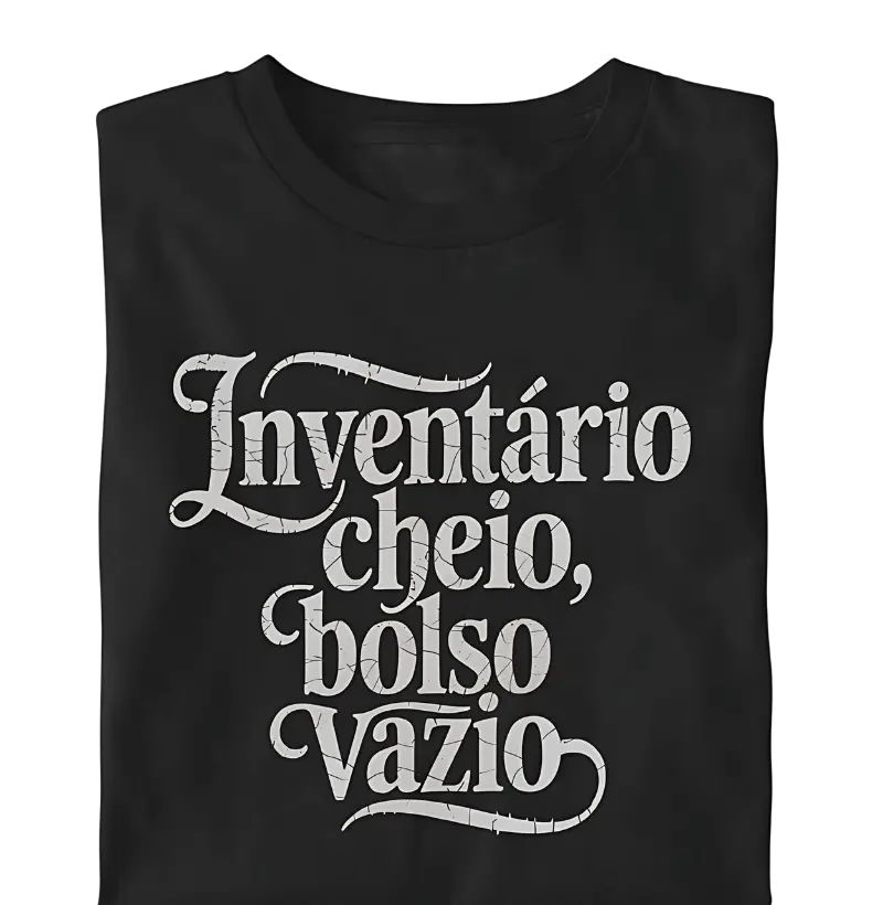 "Inventário Cheio, Bolso Vazio" com tipografia estilizada e clima medieval