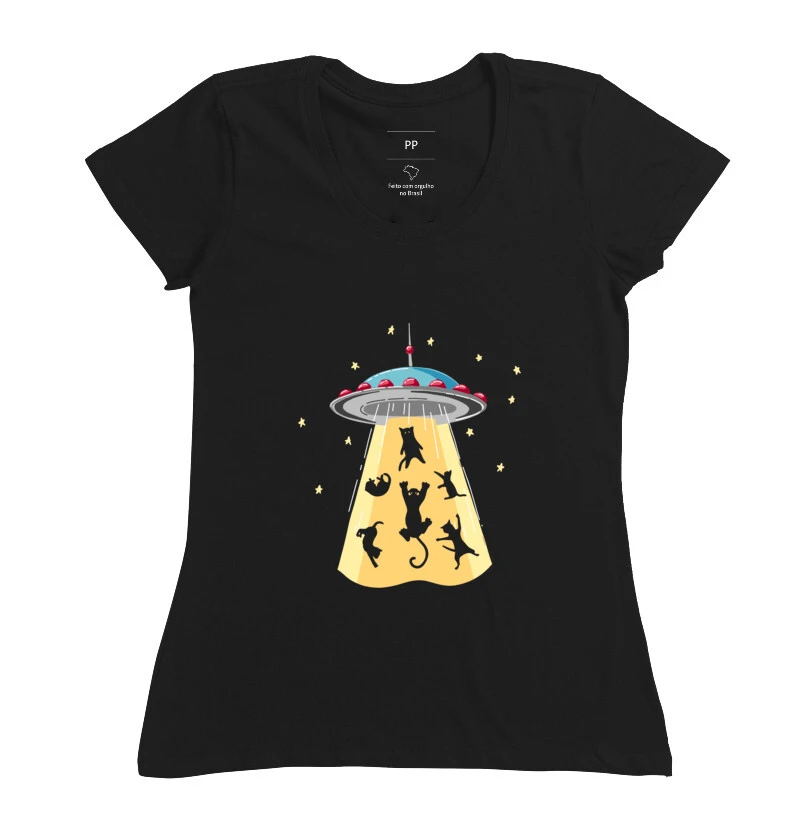 Camiseta Gato Disco Voador Feminina
