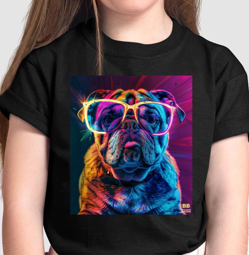 Camiseta Infantil Bulldog Ingles "Oculos Neon 2"