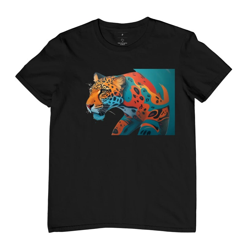  Camiseta onça pintada aquarela esquerda com detalhes azul