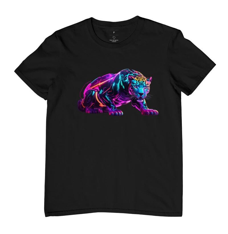 Camiseta Onça Pintada Neon Color's Rosa e Azul