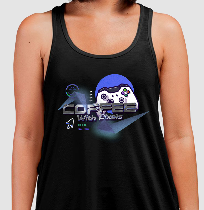 Camiseta Regata "Coffee With Pixels" - Edição Gamer