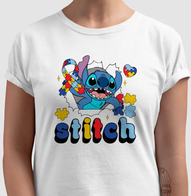 Camisa Stitch Autismo 100% Algodão branca unissex