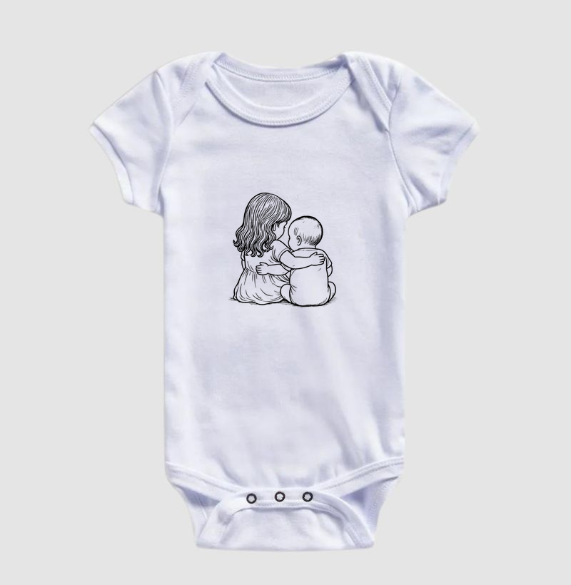 Abraço - menina 3 anos cachinhos com bebê menino 6 meses (body bebê)