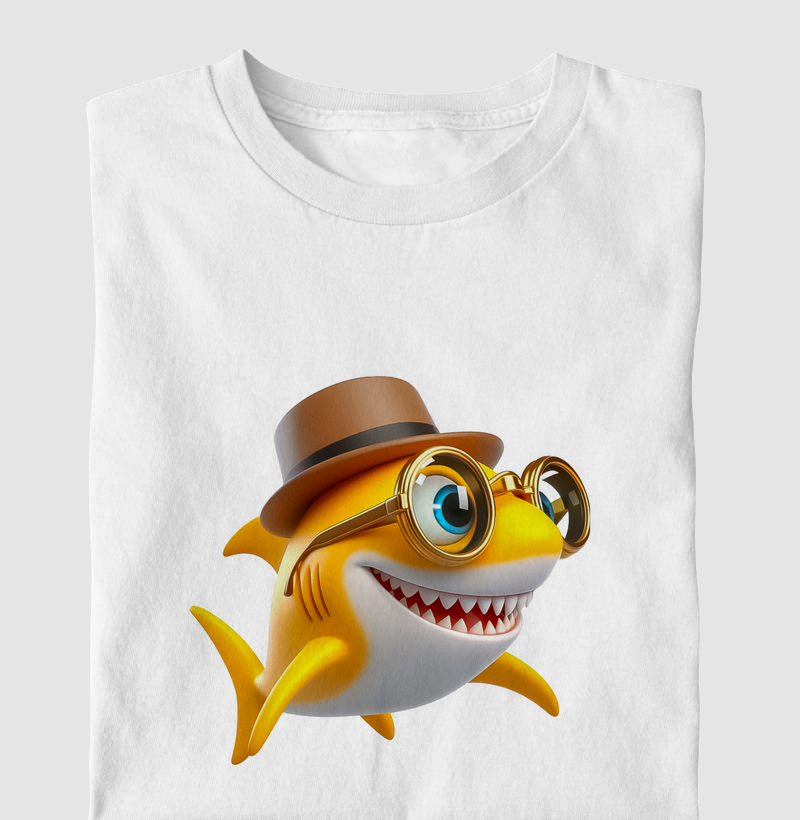 camiseta branca tubarão amarelo