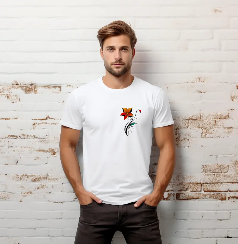 Camiseta Tatuagem floral laranja escuro e esmeralda