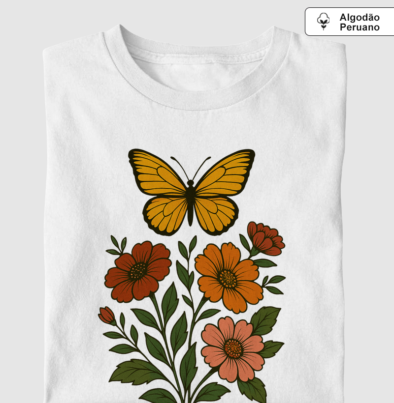 Camiseta Algodão Peruano - Flores e Borboletas