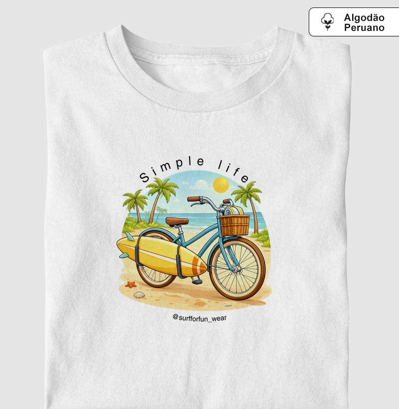 Camiseta Estampada "Simple Life" - Estilo Surfwear com Bicicleta e Prancha - Surf For Fun Wear