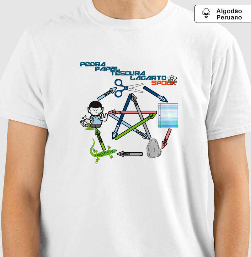 Pedra, Papel, Tesoura, Lagarto, Spock - Camiseta Algodão Peruano