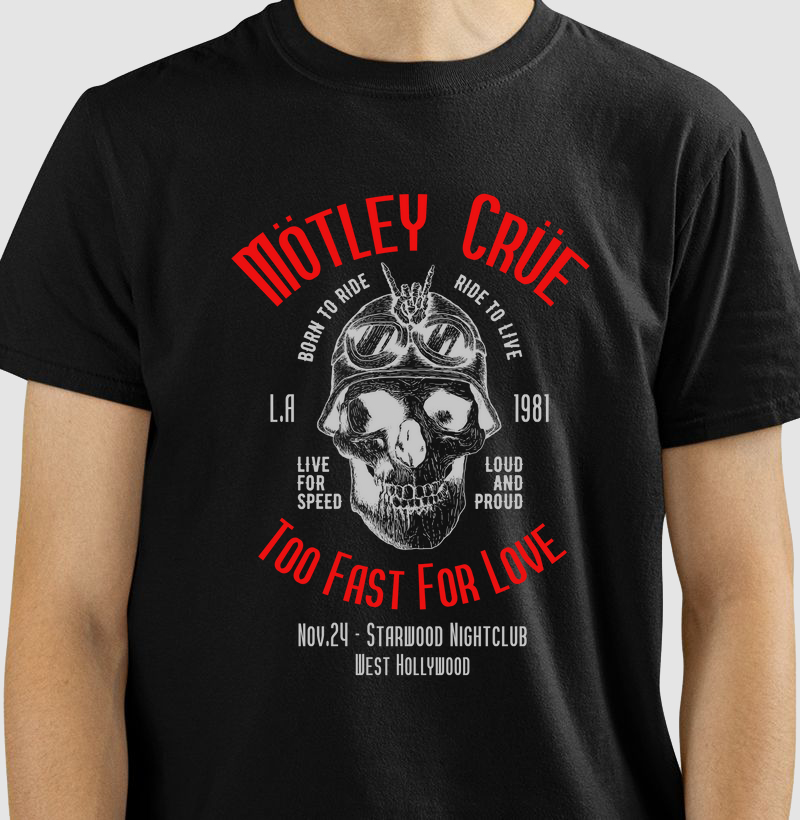 CAMISETA COM ESTAMPA MOTLEY CRUE TOO FAST FOR LOVE
