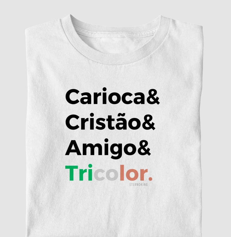 Camiseta cristã marca Eterno King com frases de fé "Cristão Tricolor" em letras pretas