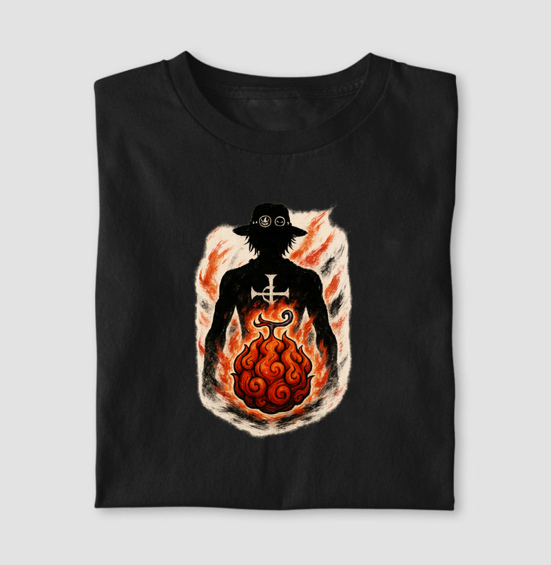 Camiseta Ace – Punho de Fogo | Estampa Surreal em Arte Japonesa